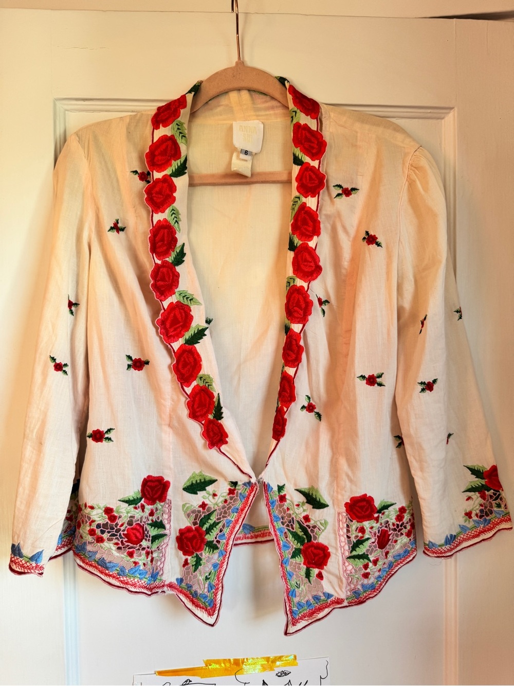 RARE Anna Sui Pale Pink Open-Front Lightweight Jacket with Red Rose Embroidery - Picture 3 of 6